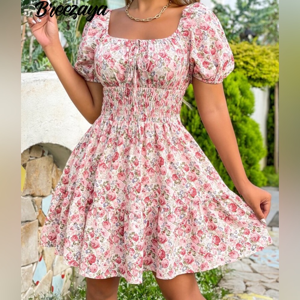 Pink and Red Ruched Puff Sleeve Mini Sundress
